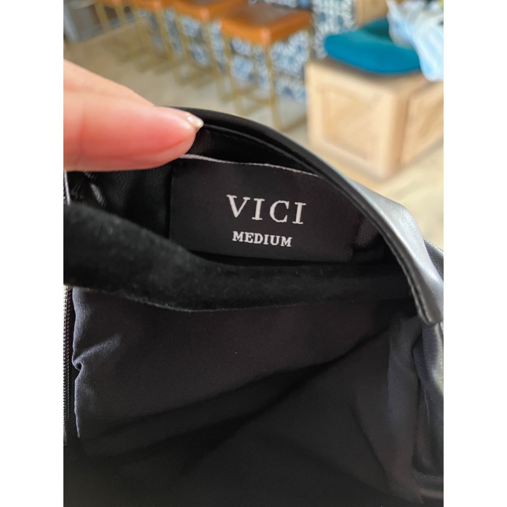 VICI Black Faux Leather Ruched Mini Dress High Neck Sleeveless Edgy Chic M - Picture 3 of 7